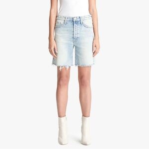 MOTHER Light Wash Denim Jean Shorts - Pale Blue Frayed Hem